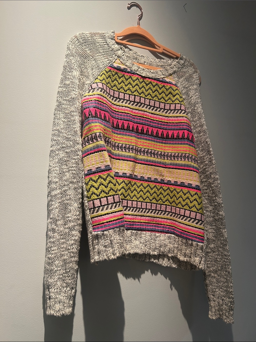 Milly Gray Crewneck Sweater with Neon Multicolor Front Panel